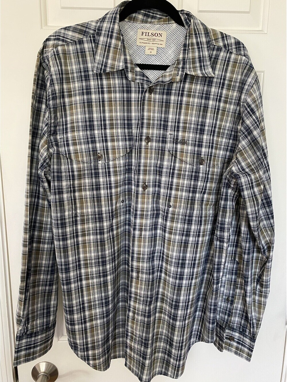 Filson Men's Poly Nylon Fishing Shirt Blue Brown Plaid Long Sleeve Size M